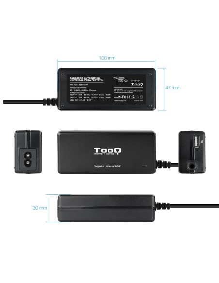 ALIMENTADOR PORT. 65W TOOQ AUT O 1 X USB 8 CONECTORES PN: TQLC-65BS02AT EAN: 8433281007512   