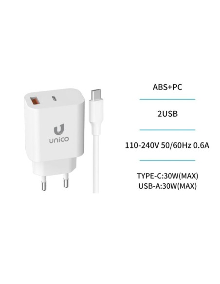 CARGADOR  5V ENCHUFE USB TYPE   A, USB TYPE C 30W BLANCO PN: HC4174 EAN: 8435719641749   