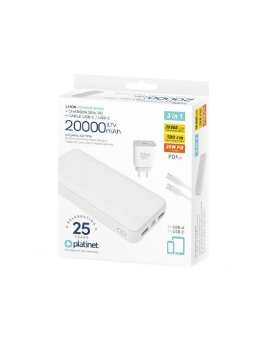 POWERBANK 20000 MAH PLATINET   3 EN 1 + CABLE +...