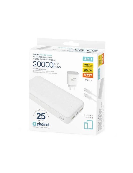 POWERBANK 20000 MAH PLATINET   3 EN 1 + CABLE + CARGADOR PN: PMPB20SETW EAN: 5907595462204   